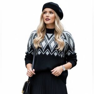 Fair Isle Black & White Knit Mohair Blend Sweater Size Small Made In Italy